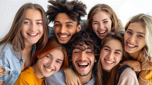 Happy group of diverse young friends smiling and hugging, enjoying quality time together, showcasing friendship and unity.