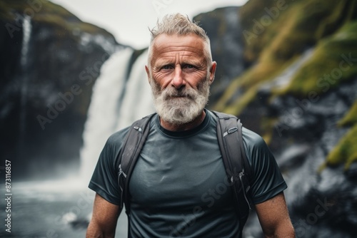 Portrait of a glad man in his 60s showing off a lightweight base layer over backdrop of a spectacular waterfall