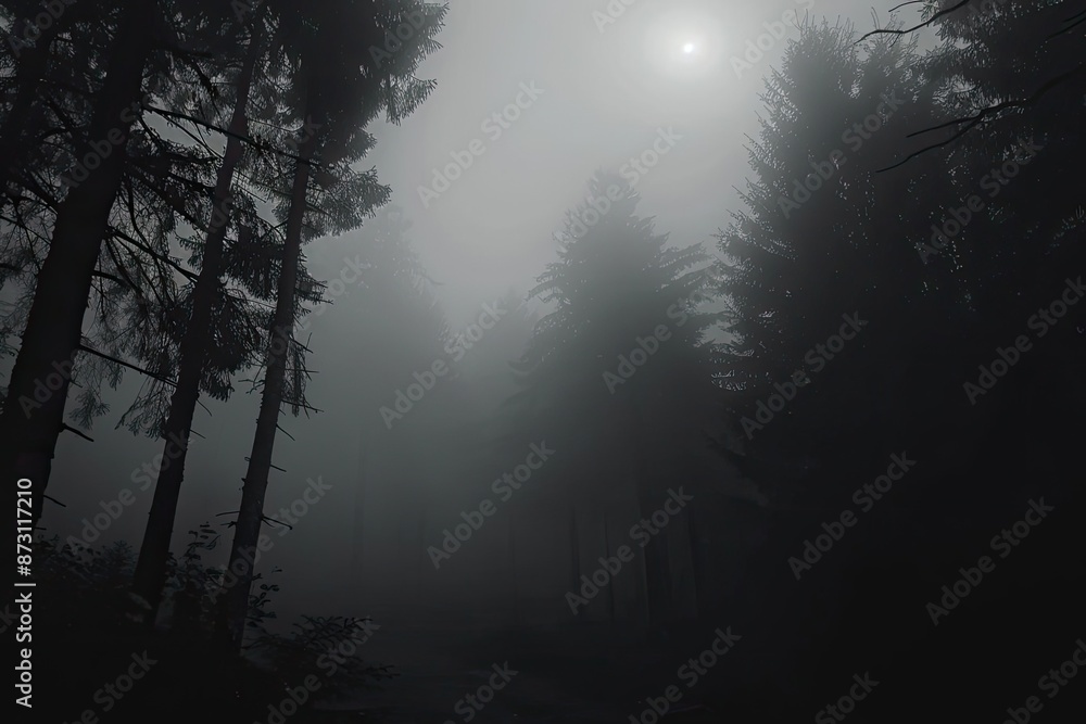 A dense, eerie forest enshrouded in thick fog with silhouettes of tall trees standing against the dim light, creating a mysterious and captivating atmosphere.