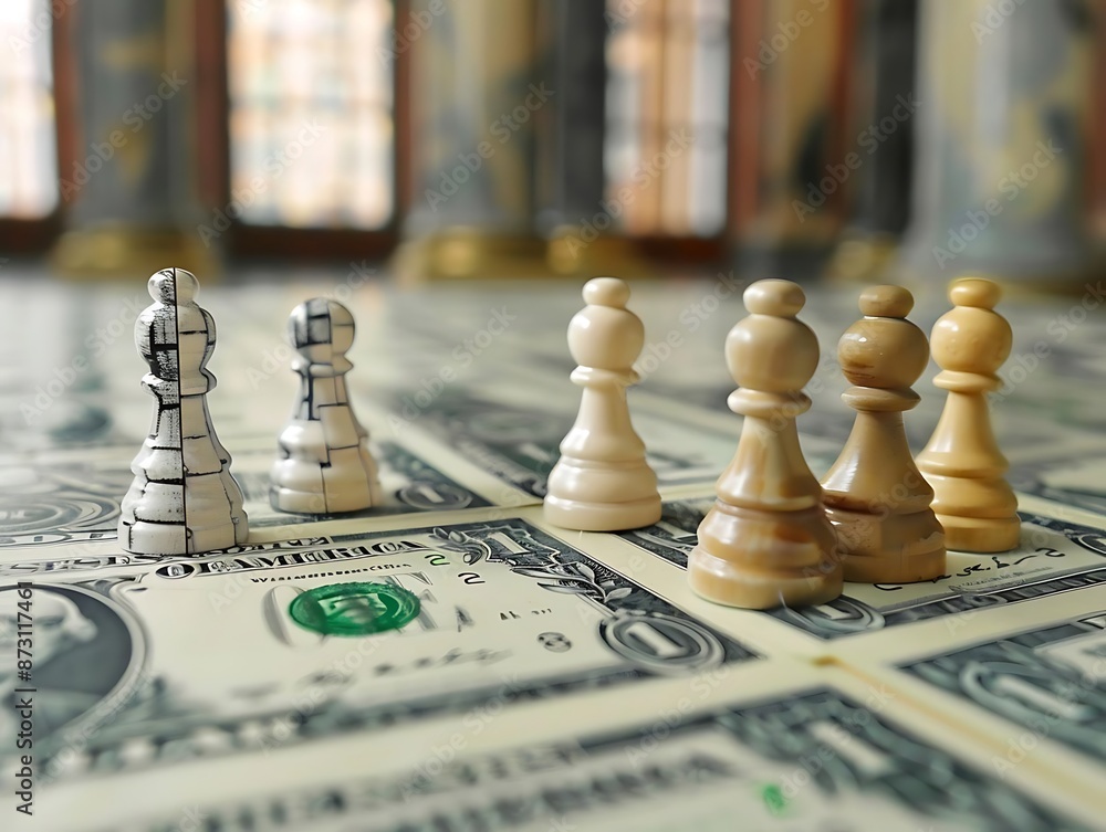 Chess Pieces on Dollar Bills, Close Up, Money and Game, Photo Chess Pieces on Dollar Bills, Close Up, Money and Game, Photo
