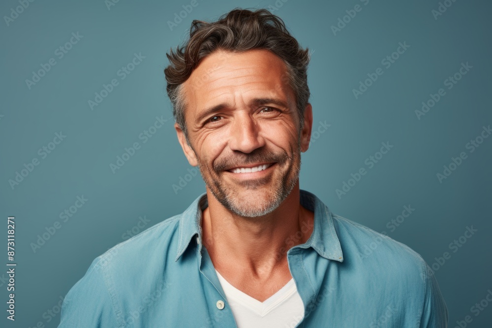 Obraz premium Portrait of a satisfied man in his 40s donning a trendy cropped top in front of pastel blue background