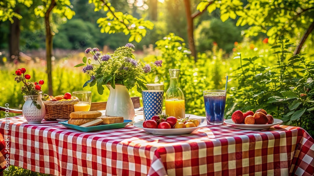 Serenene outdoor setting with red white blue checkered tablecloth adorned with appetizing food refreshing drinks and lush green surrounding foliage. Serenene outdoor setting with red white blue checkered tablecloth adorned with appetizing food refreshing drinks and lush green surrounding foliage.