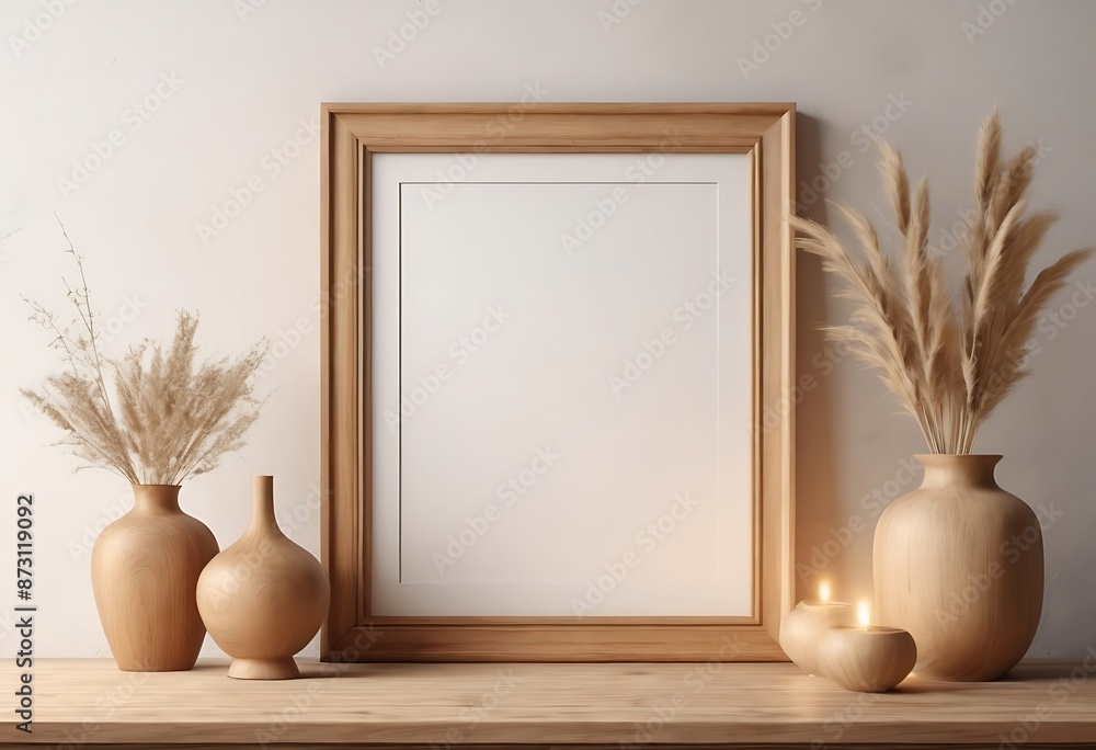 Mock up frame in home interior background, white room with natural wooden table and decor, 3d render Mock up frame in home interior background, white room with natural wooden table and decor, 3d render