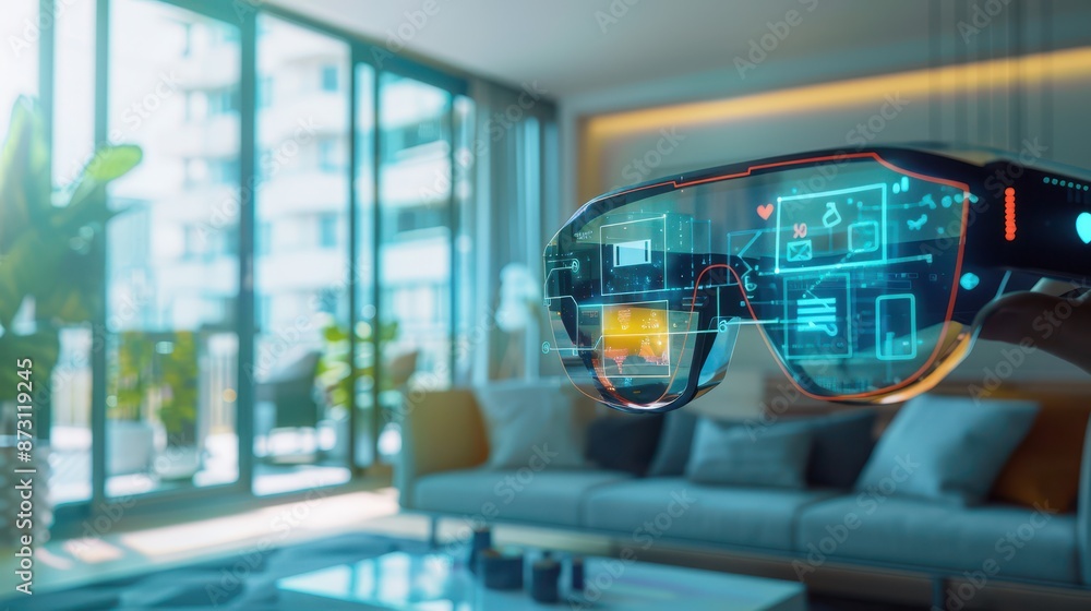 A 3D model of an augmented reality communication display, wearable tech embedded in smart glasses, user interacting with floating interfaces, set in a minimalist living room A 3D model of an augmented reality communication display, wearable tech embedded in smart glasses, user interacting with floating interfaces, set in a minimalist living room