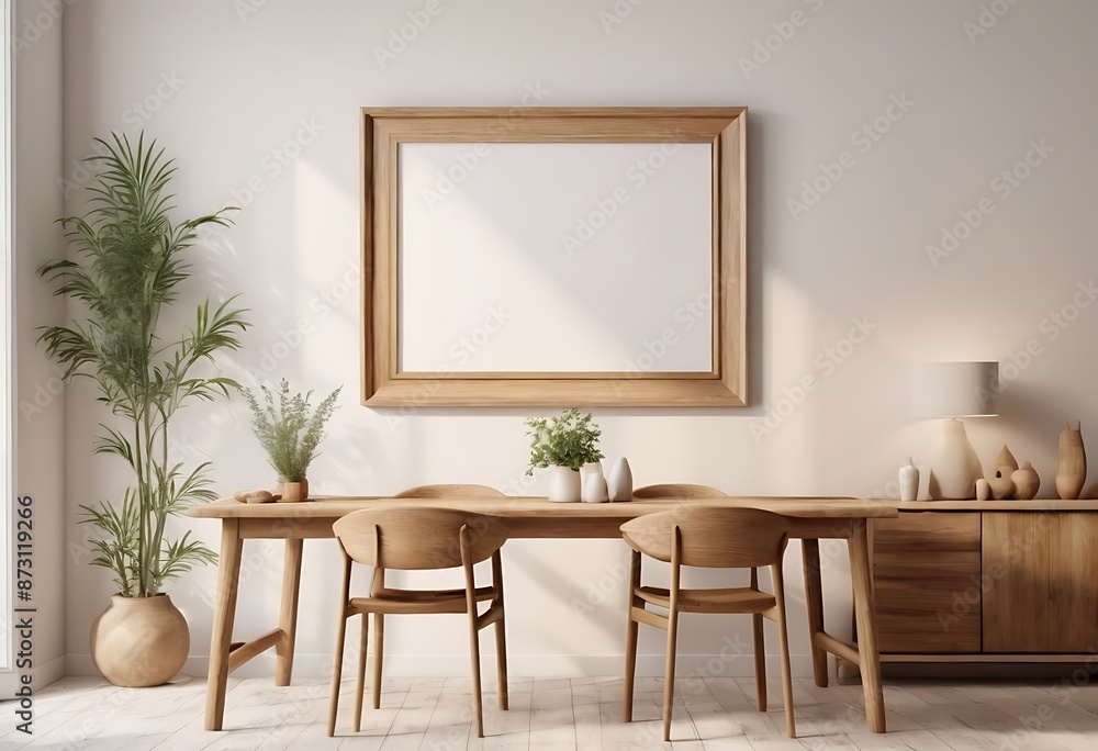 Mock up frame in home interior background, white room with natural wooden table and decor, 3d render Mock up frame in home interior background, white room with natural wooden table and decor, 3d render