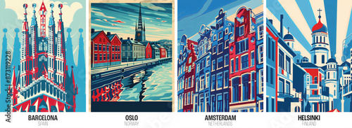 Set of european city posters including Barcelona olso amsterdam and helsinki