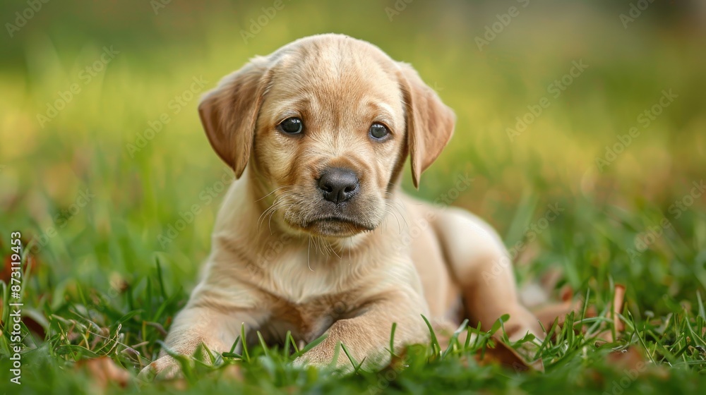 Small gold labrador retriever puppy on green grass with focus on eyes Small gold labrador retriever puppy on green grass with focus on eyes