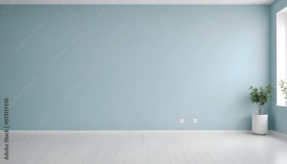 Neutral dusty blue color empty room with light from the window in modern interior. Wall scene mockup for showcase with copy space. Generative AI Neutral dusty blue color empty room with light from the window in modern interior. Wall scene mockup for showcase with copy space. Generative AI