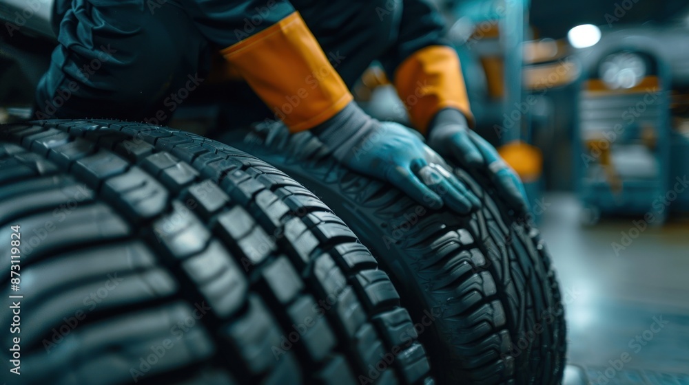 Naklejka premium Close Up of Mechanic Checking Tire Tread