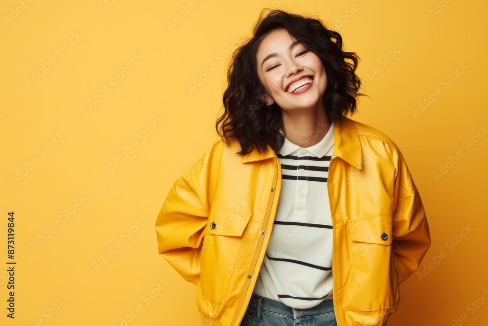 Portrait of a happy asian woman in her 30s sporting a stylish varsity jacket isolated on pastel yellow background Portrait of a happy asian woman in her 30s sporting a stylish varsity jacket isolated on pastel yellow background