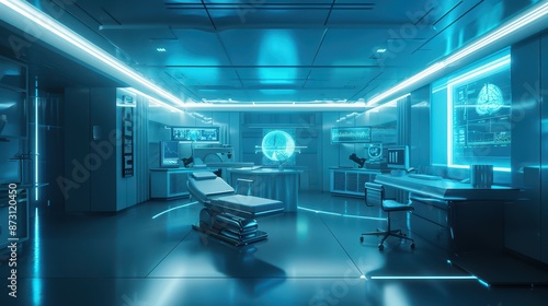 A futuristic doctor's office, sleek and modern, with a focus on advanced medical technology