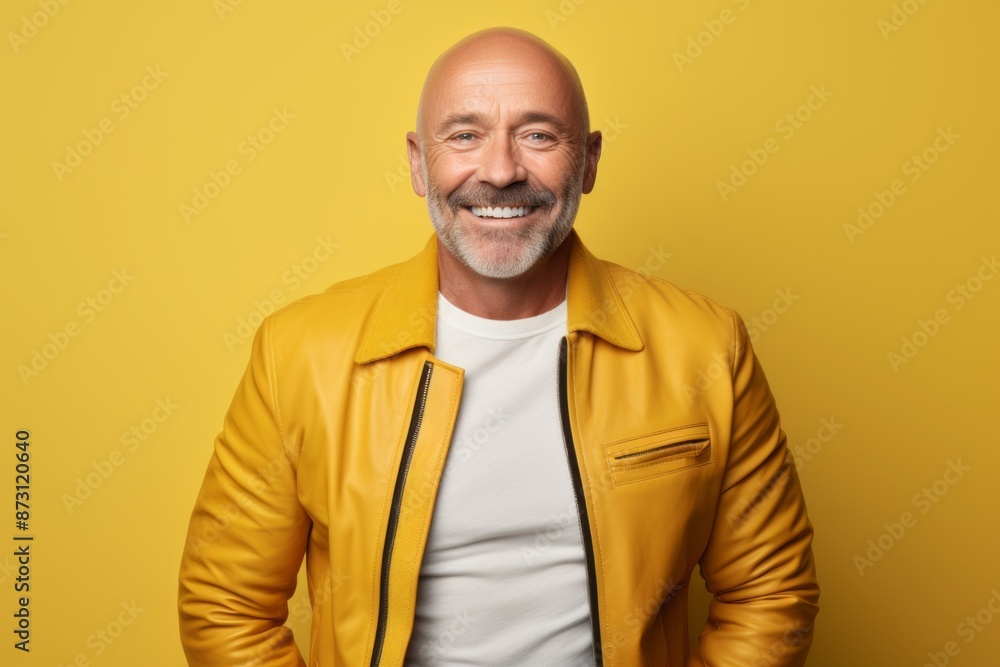 Portrait of a smiling man in his 50s sporting a stylish varsity jacket isolated in pastel yellow background Portrait of a smiling man in his 50s sporting a stylish varsity jacket isolated in pastel yellow background