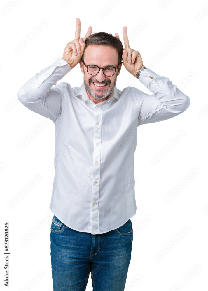 Handsome middle age elegant senior business man wearing glasses over isolated background Posing funny and crazy with fingers on head as bunny ears, smiling cheerful Handsome middle age elegant senior business man wearing glasses over isolated background Posing funny and crazy with fingers on head as bunny ears, smiling cheerful