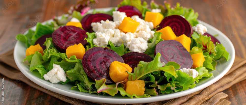 A plate of salad with beets, cheese, and oranges A plate of salad with beets, cheese, and oranges