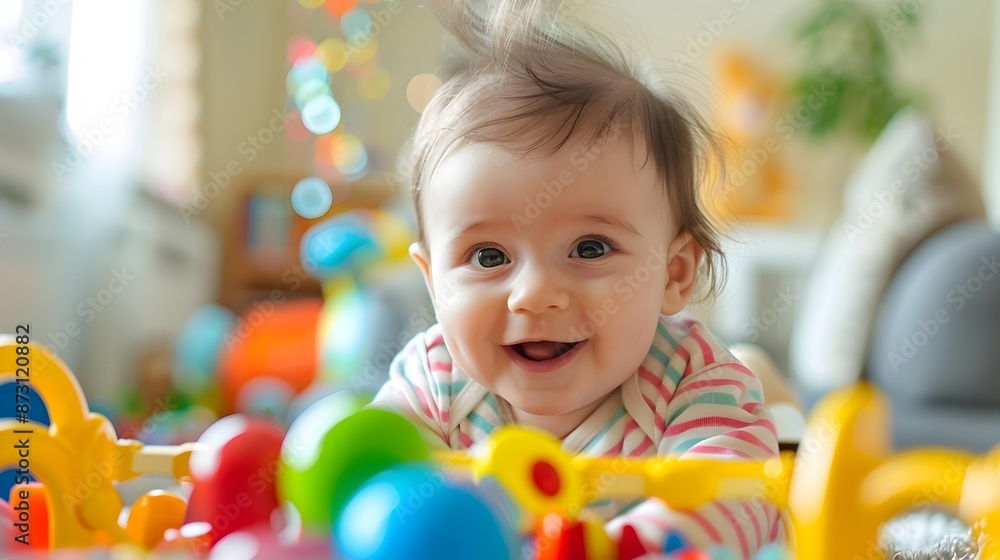 Obraz premium Cheerful Toddler Surrounded by Colorful Toys Exploring and Playing at Home