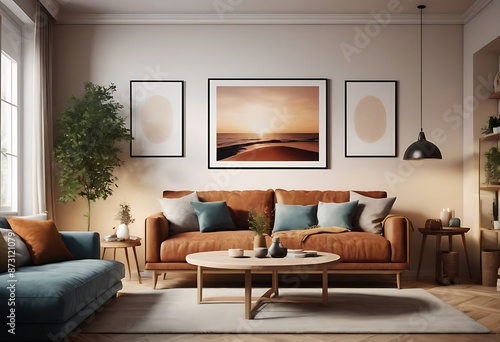 Frame mockup, ISO A paper size. Living room poster mockup. Interior mockup with house white background. Modern interior design. 3D render