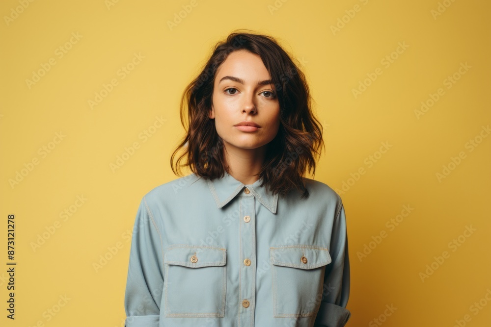 Portrait of a glad woman in her 20s sporting a versatile denim shirt over pastel yellow background Portrait of a glad woman in her 20s sporting a versatile denim shirt over pastel yellow background