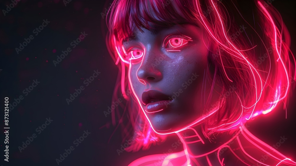 Mesmerizing Neon-Lit Portrait of Enigmatic Female Face in Fantasy Mesmerizing Neon-Lit Portrait of Enigmatic Female Face in Fantasy