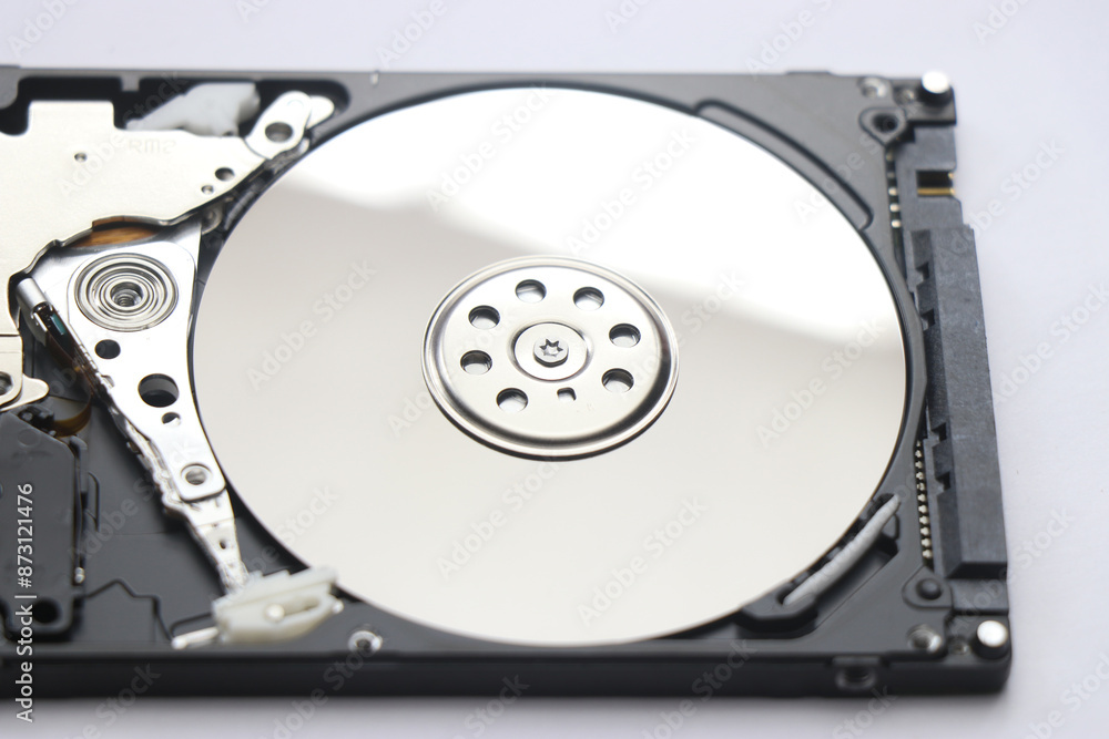 Open hard disk drive with a view of its inside parts. Hard disk with visible actuators and platters Open hard disk drive with a view of its inside parts. Hard disk with visible actuators and platters