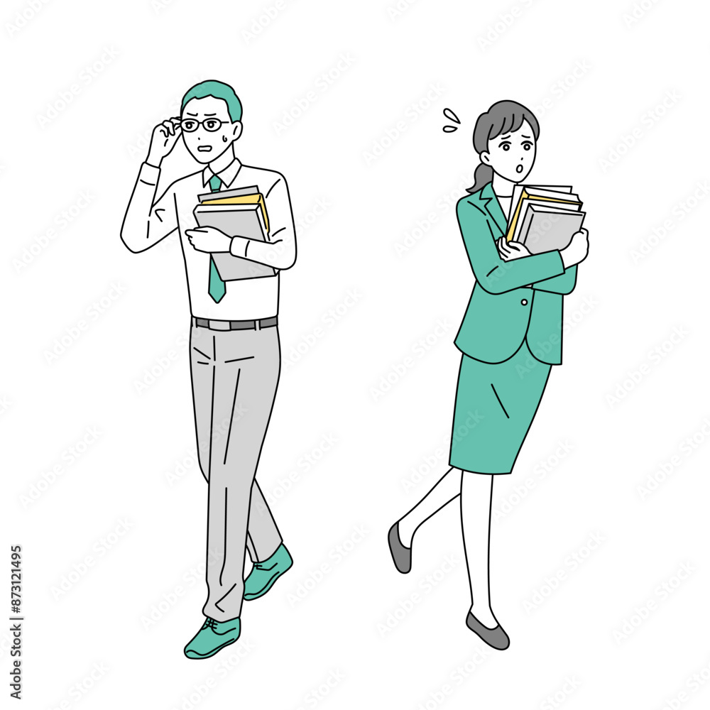忙しい経理職のビジネスパーソンの様々なビジネスシーンのイラストセット 忙しい経理職のビジネスパーソンの様々なビジネスシーンのイラストセット