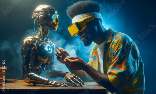 Man repairing a robot in a laboratory. photo