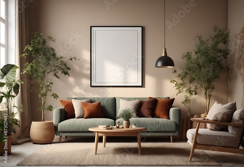 Frame mockup, ISO A paper size. Living room poster mockup. Interior mockup with house white background. Modern interior design. 3D render