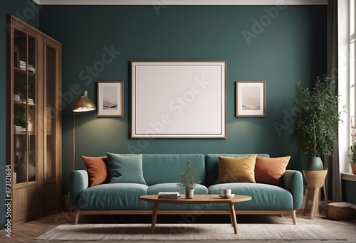 Frame mockup, ISO A paper size. Living room poster mockup. Interior mockup with house white background. Modern interior design. 3D render