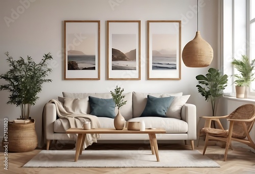 Frame mockup, ISO A paper size. Living room poster mockup. Interior mockup with house white background. Modern interior design. 3D render