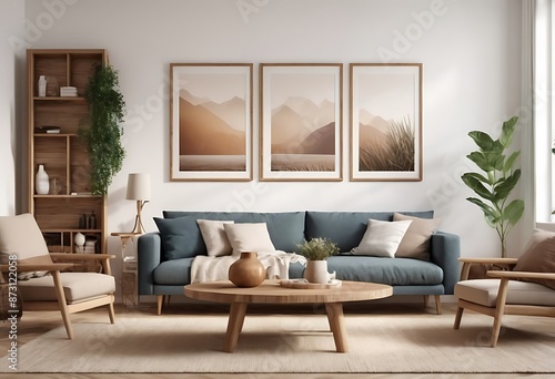 Frame mockup, ISO A paper size. Living room poster mockup. Interior mockup with house white background. Modern interior design. 3D render