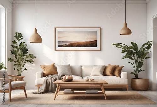 Frame mockup, ISO A paper size. Living room poster mockup. Interior mockup with house white background. Modern interior design. 3D render