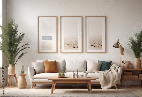 Frame mockup, ISO A paper size. Living room poster mockup. Interior mockup with house white background. Modern interior design. 3D render