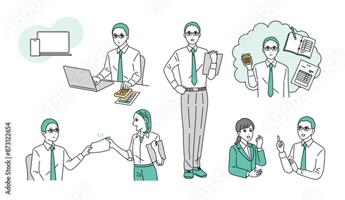 経理会計職のビジネスパーソンの様々なビジネスシーンのイラストセット