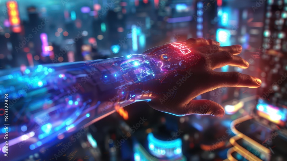 A 3D model of a man using a wearable wrist communication display, close-up view, holographic projection from a sleek wristband A 3D model of a man using a wearable wrist communication display, close-up view, holographic projection from a sleek wristband