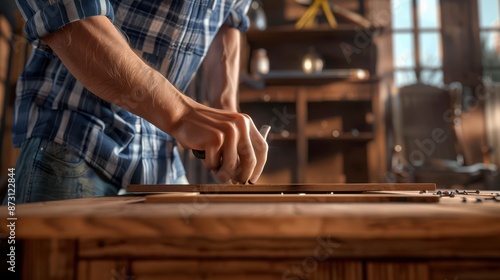 A 3D model of a carpenter carefully aligning a wooden cabinet door, focused expression, close-up of hands and tools © bajita111122