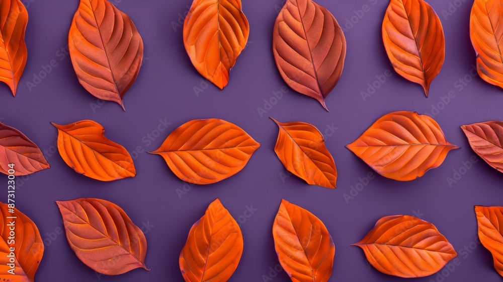 Dry orange metallic leaves in a symmetrical pattern on a violet backdrop, with a touch of steampunk elements, creating an industrial yet elegant vibe Dry orange metallic leaves in a symmetrical pattern on a violet backdrop, with a touch of steampunk elements, creating an industrial yet elegant vibe