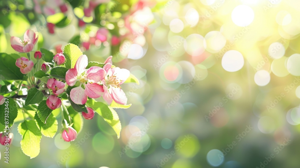 Apple tree twig with blossoms and foliage on blurred garden backdrop Apple tree twig with blossoms and foliage on blurred garden backdrop