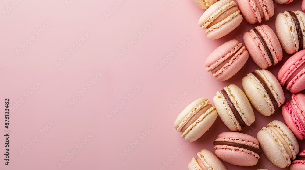 Macarons displayed on a pink surface in a flat lay style with space for text