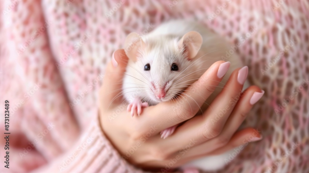 Pet rat held by woman against soft pastel background Pet rat held by woman against soft pastel background
