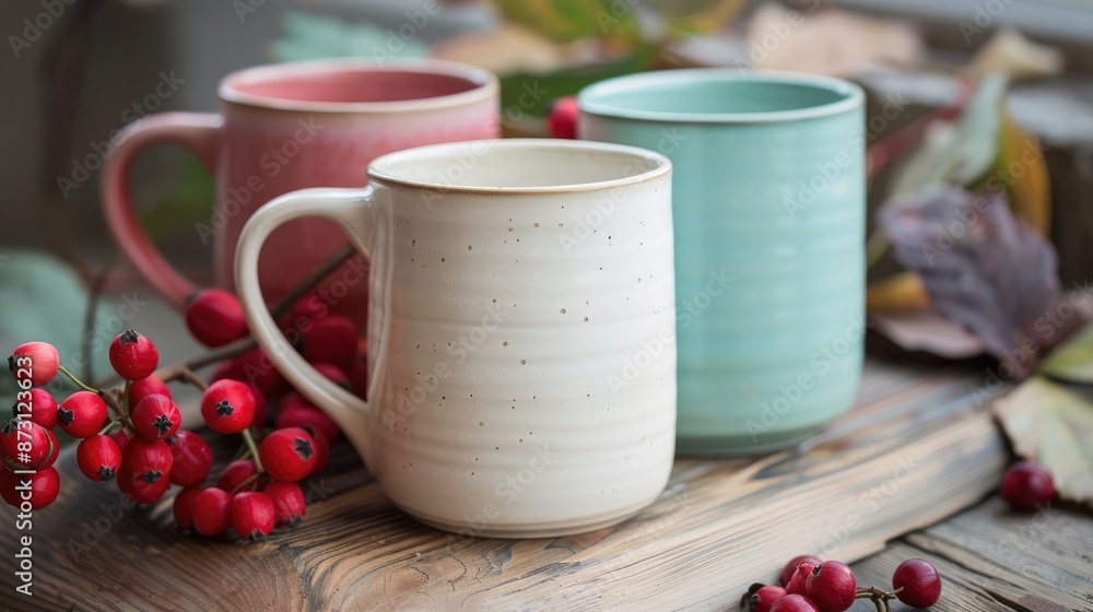 Three charming ceramic coffee cups in soft hues with a rowan branch Three charming ceramic coffee cups in soft hues with a rowan branch
