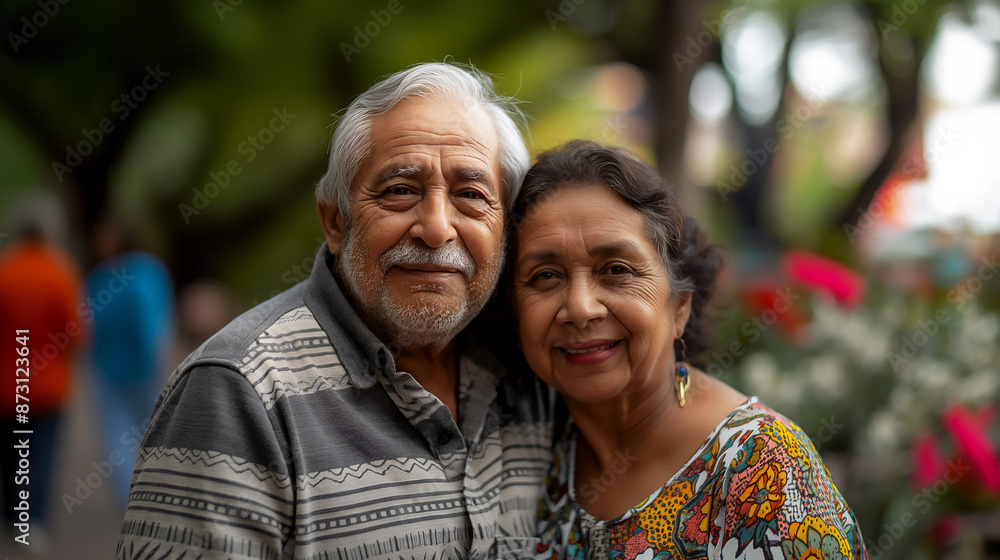 Senior Hispanic couple, outdoors in park setting, retirement lifestyle, copy space Senior Hispanic couple, outdoors in park setting, retirement lifestyle, copy space