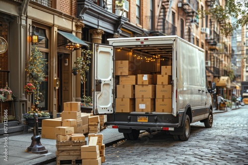 A delivery truck with several stacks of boxes inside professional photography photo