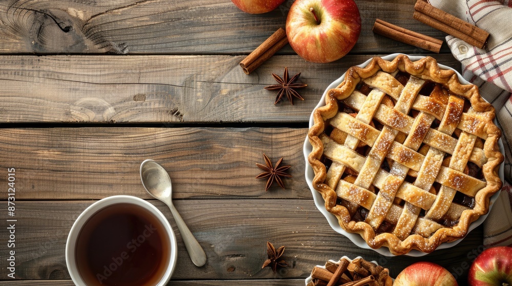 Tasty apple pie tea cinnamon on wooden surface flat lay Room for text Tasty apple pie tea cinnamon on wooden surface flat lay Room for text