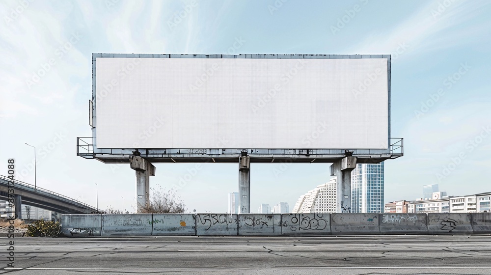 Fototapeta premium Empty Urban Billboard on Elevated Structure with Cityscape Background and Graffiti in Daylight