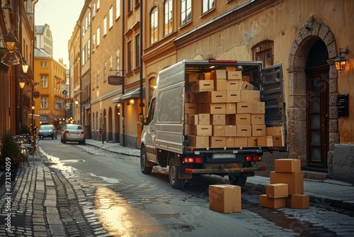 A delivery truck with several stacks of boxes inside professional photography photo