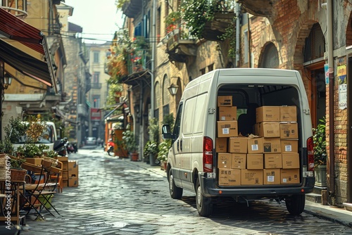 A delivery truck with several stacks of boxes inside professional photography photo