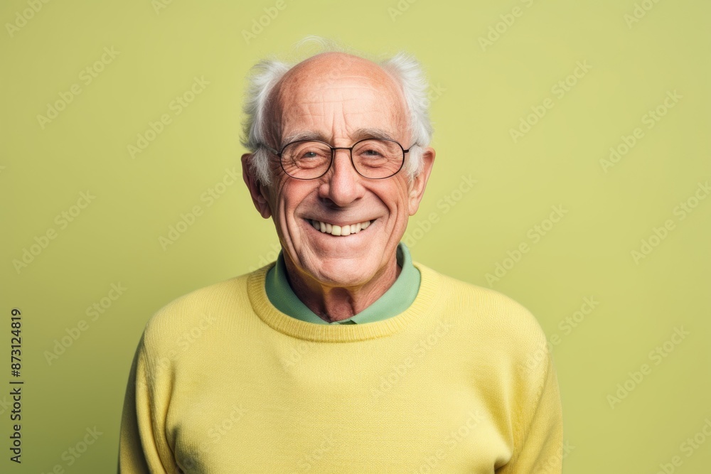 Portrait of a blissful elderly man in his 90s wearing a cozy sweater isolated in pastel green background Portrait of a blissful elderly man in his 90s wearing a cozy sweater isolated in pastel green background