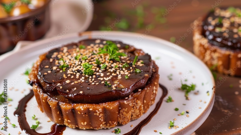 Sesame pie topping with stuffed taro on white plate for morning meal Sesame pie topping with stuffed taro on white plate for morning meal