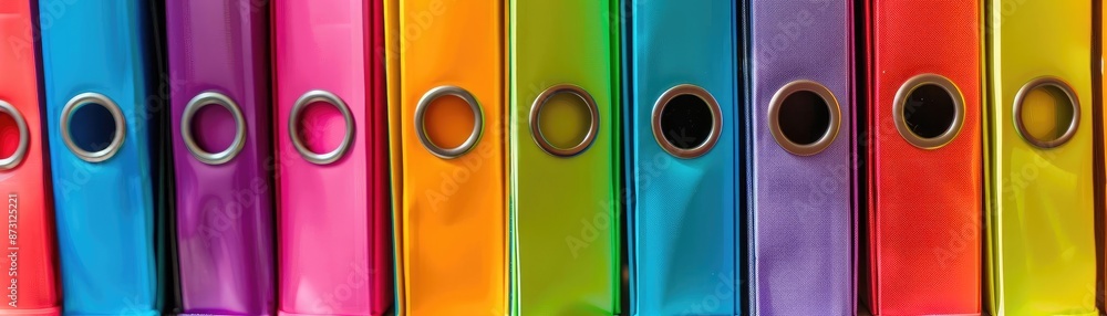 Close-up of colorful office binders arranged in a row, showcasing organization and office supplies in a vibrant and orderly manner. Close-up of colorful office binders arranged in a row, showcasing organization and office supplies in a vibrant and orderly manner.
