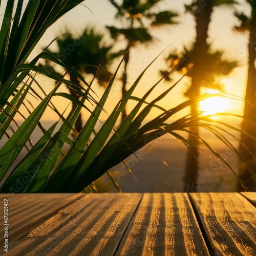 SUMMER TROPICAL TABLE WITH PALM BACKGROUND photo