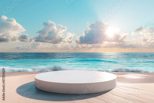 Wallpaper Mural Pastel white Stone pedestal in sand and sea landscape background, copy space for texting concept. Torontodigital.ca